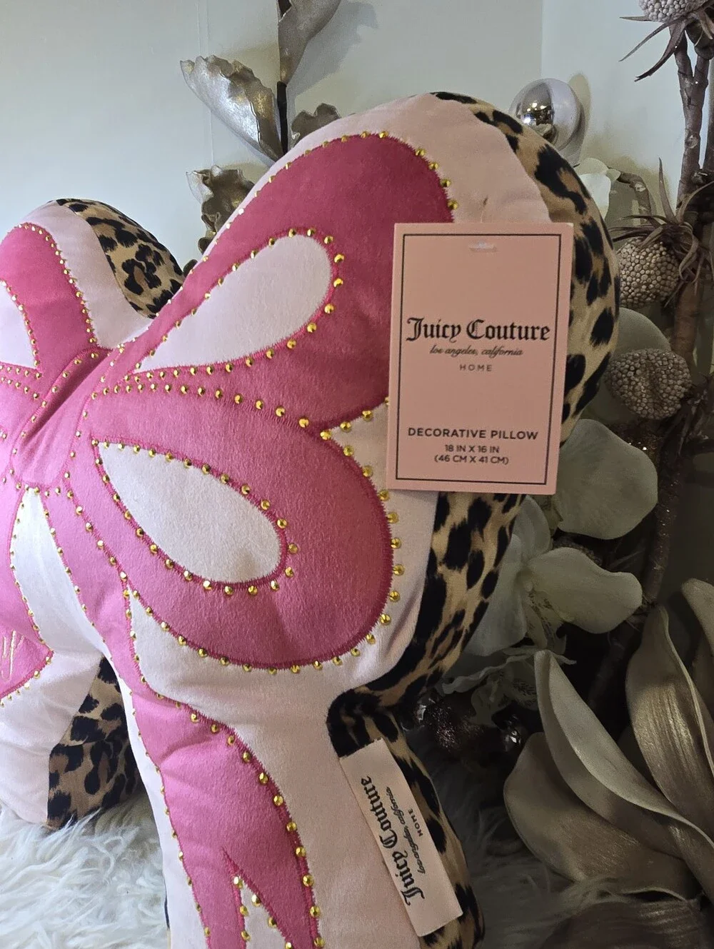 Juicy Couture Hot pink bow leopard pillow New